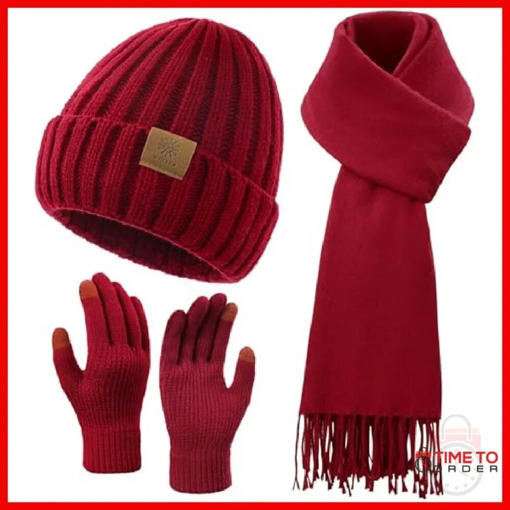 Winter Beanie Scarf Gloves Set, Touchscreen Fleece Lined, Warm Knit